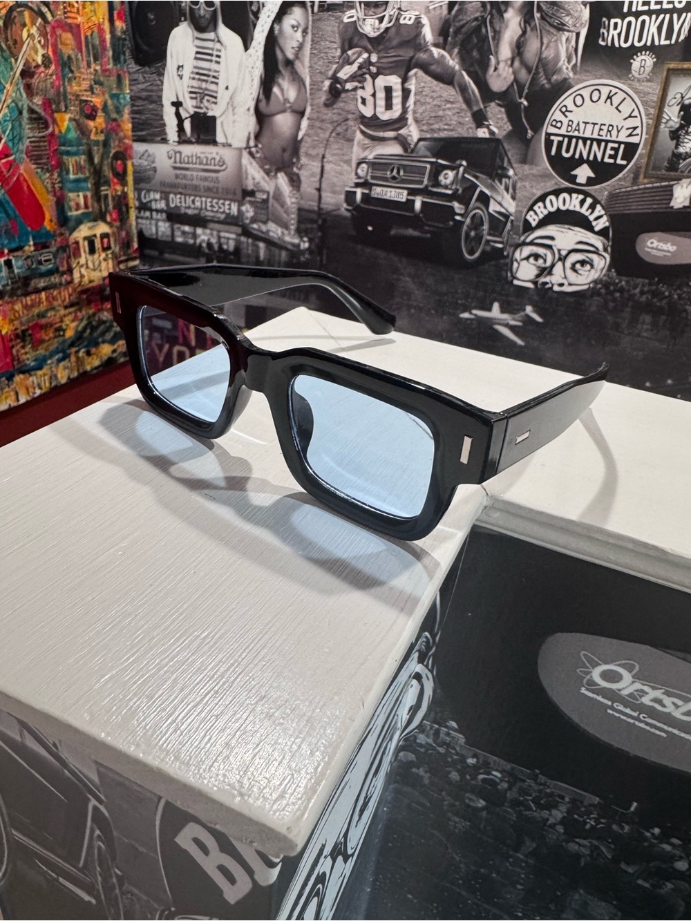Chunky Black Rectangle Sunglasses with Light Blue Lenses